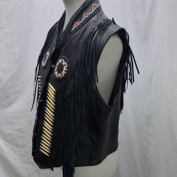 Vtg Tribal America Beads & Fringe Native black leather biker vest XXL - Picture 4 of 10